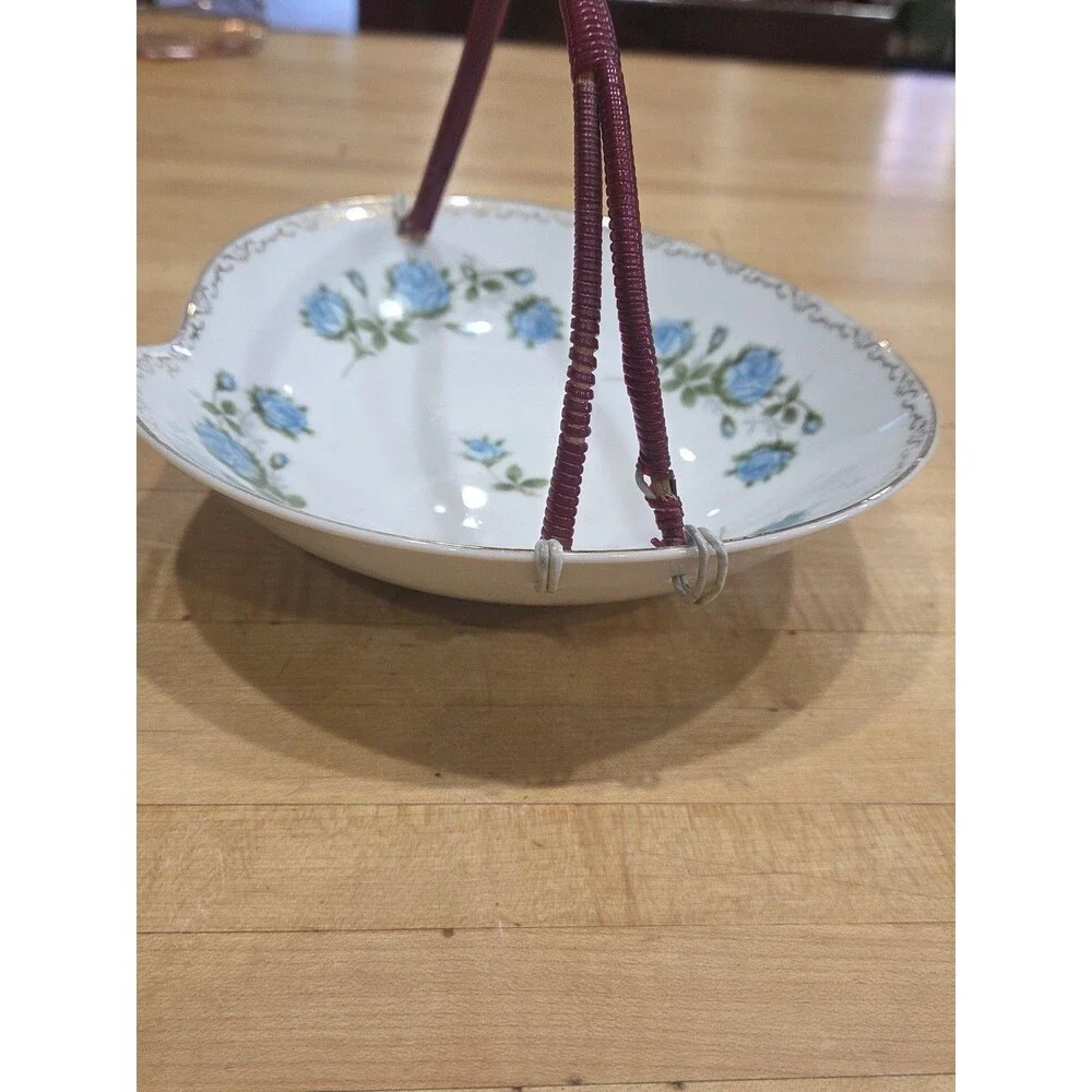 Vintage Porcelain Bon Bon Dish Wicker Handle Blue Roses Gilt Rim As Is